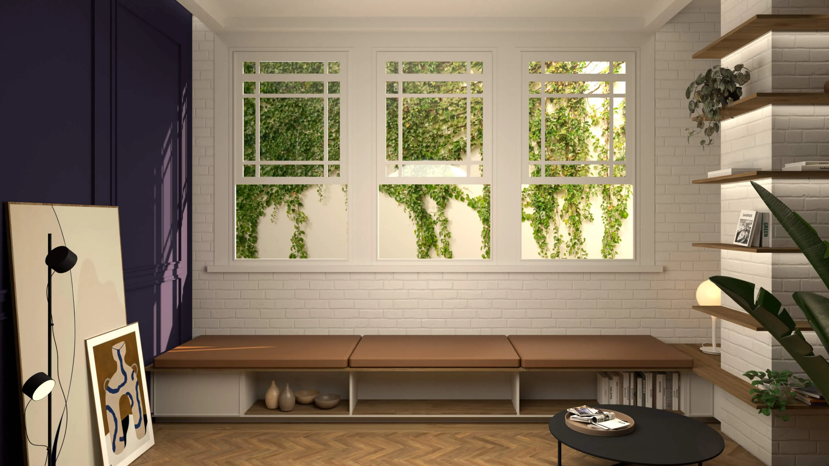 a photorealistic render of a room with a white wall with 3 windows, plants and a brown sitting area